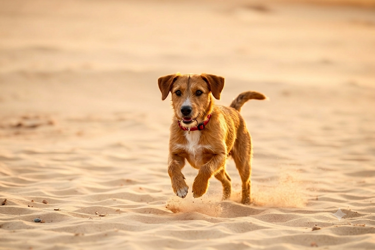 Happy dog running at sunset